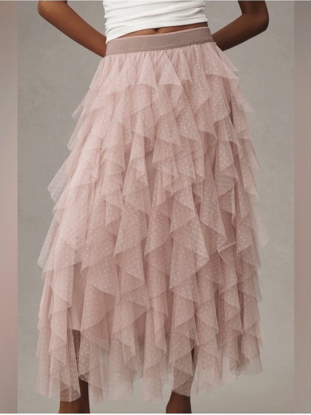 Tiered Dusty Pink Tulle Midi Skirt